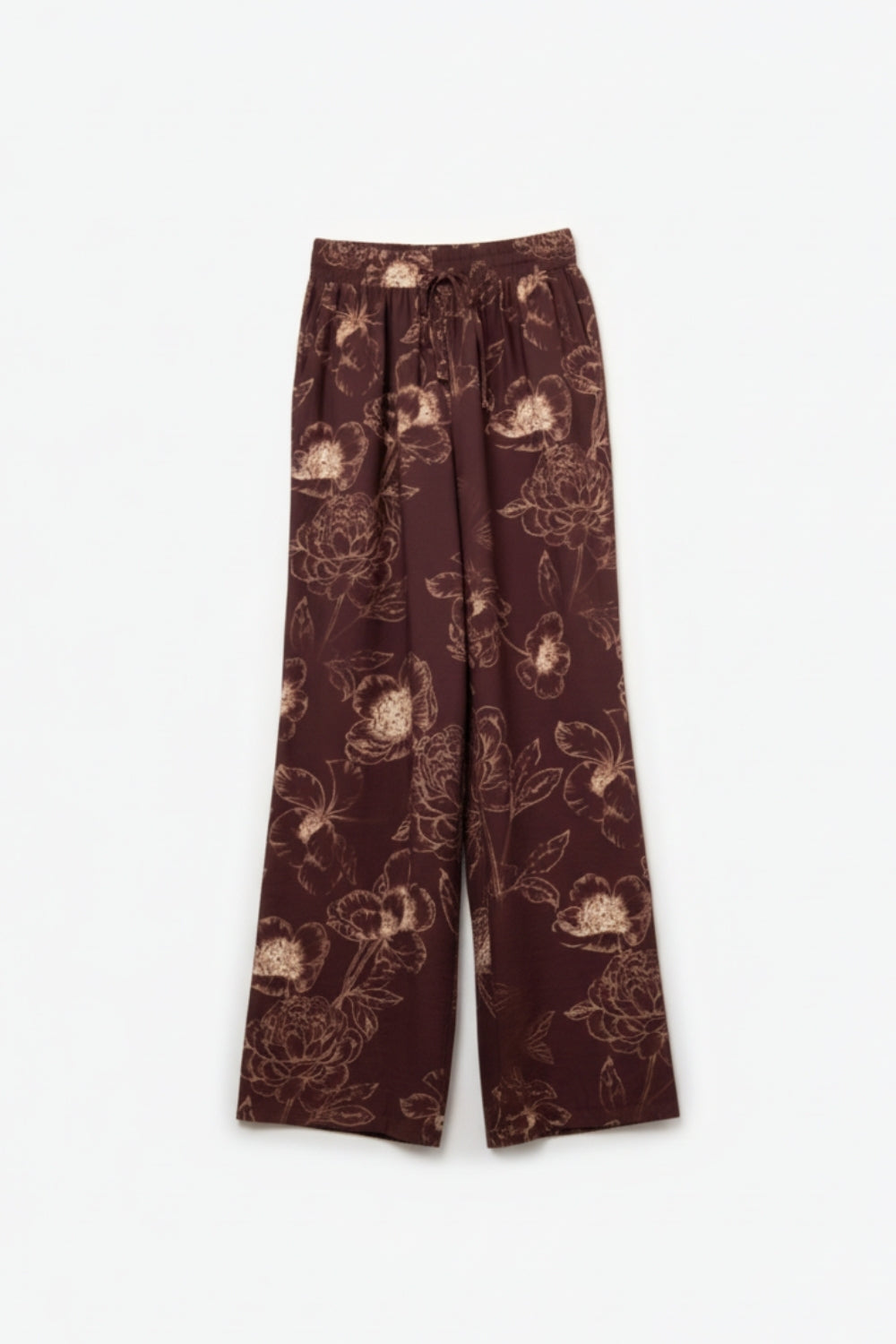 burgundy Light-weight Flowy Pants in Autumnal Floral Print - trousers