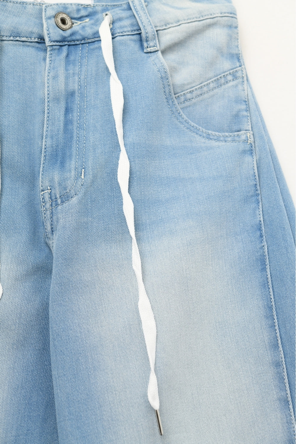 Light Blue Drawstring Relaxed Fit Denim Jeans - Denim