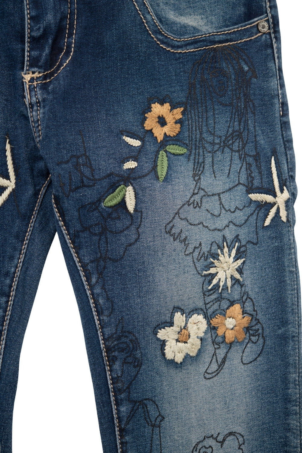 Skinny Jeans With Multicolor Embroidered Flowers - Denim