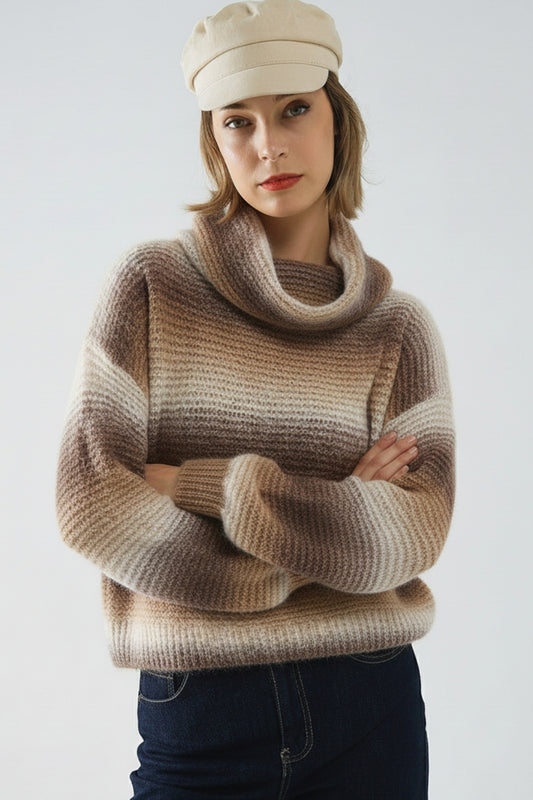 Oversized Turtleneck Comfy Sweater in Brown and Beige