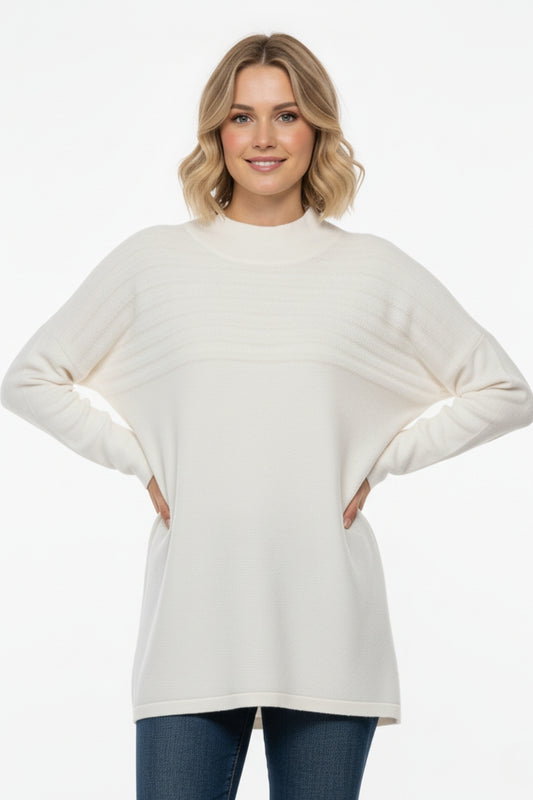White Knit Sweater with Fluffy Stripe Detail