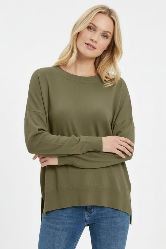 Khaki knit sweater with mesh collar detail