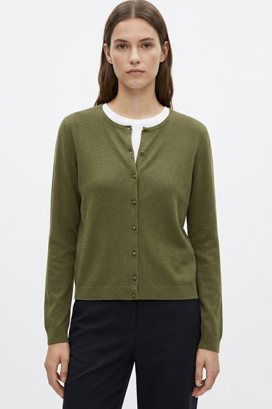 Khaki Ribbed Knit Cardigan with Mother-of-Pearl Buttons - Cardigans