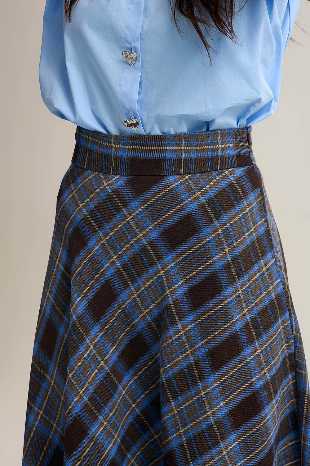 Brown Check High-Waisted Midi Skirt