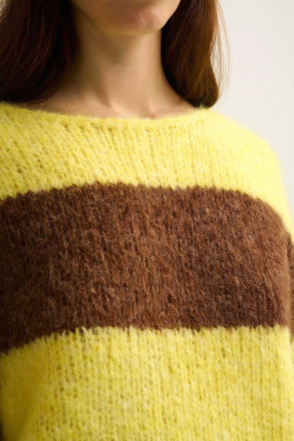 Yellow Fluffy Striped Knit Sweater with Balloon Sleeves - jumper