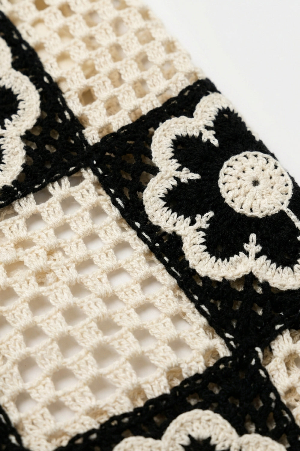 Black & Cream Crochet Patchwork flare-Leg Pants with Floral Motif - trousers