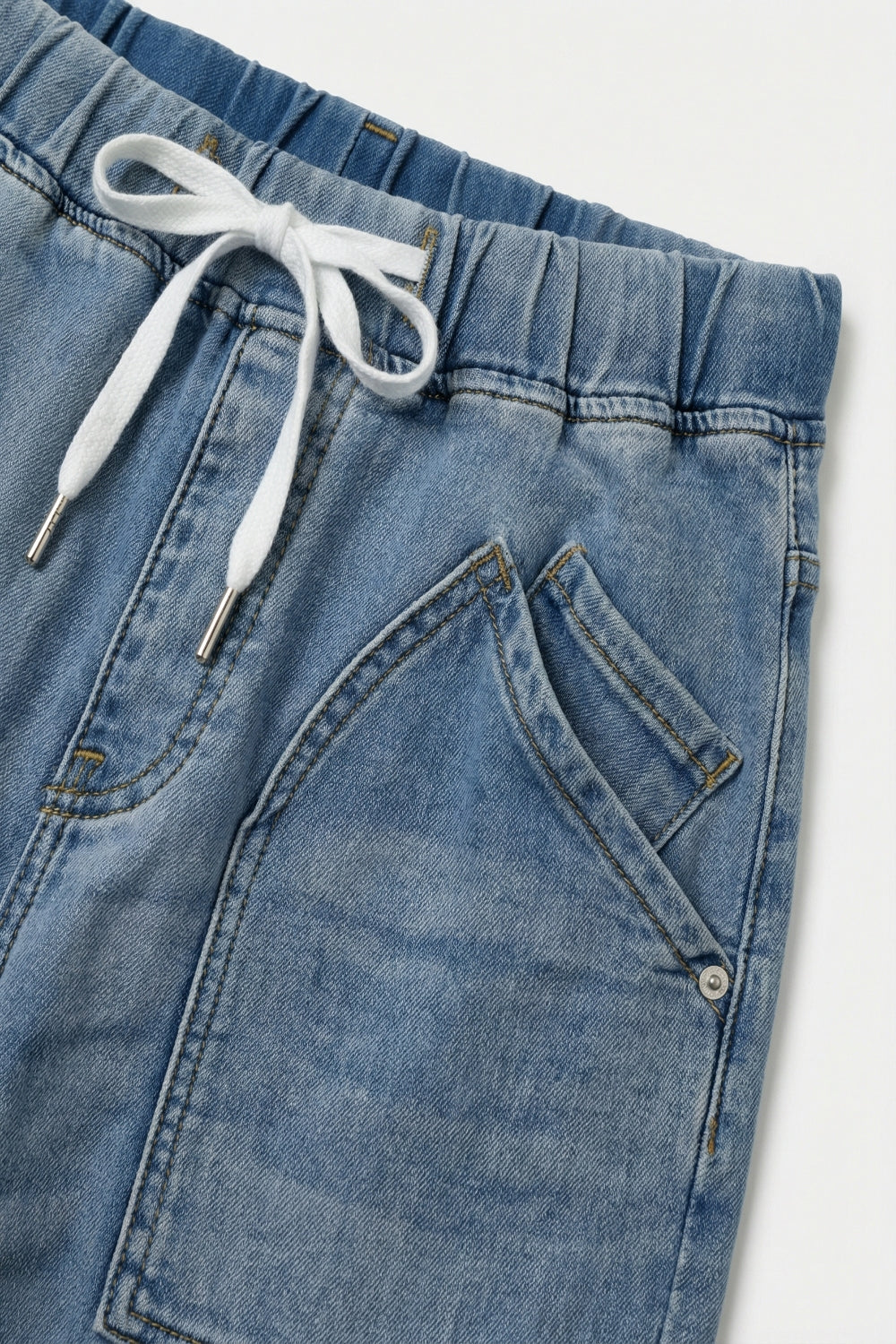Light Blue Jogger Style Denim Jeans with Drawstring Waist - Denim