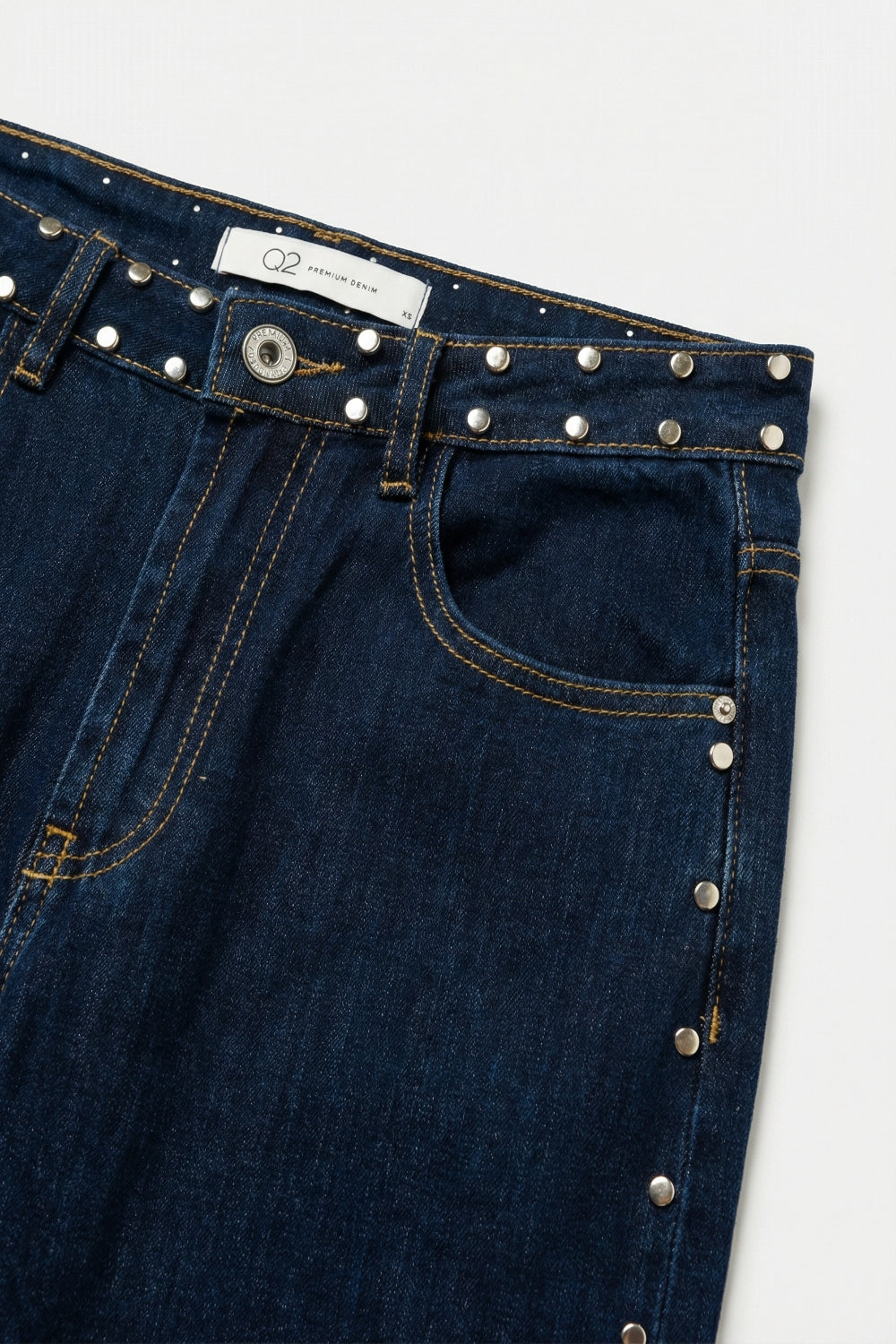 Dark Blue Wide Leg Studded Denim Jeans - Pants