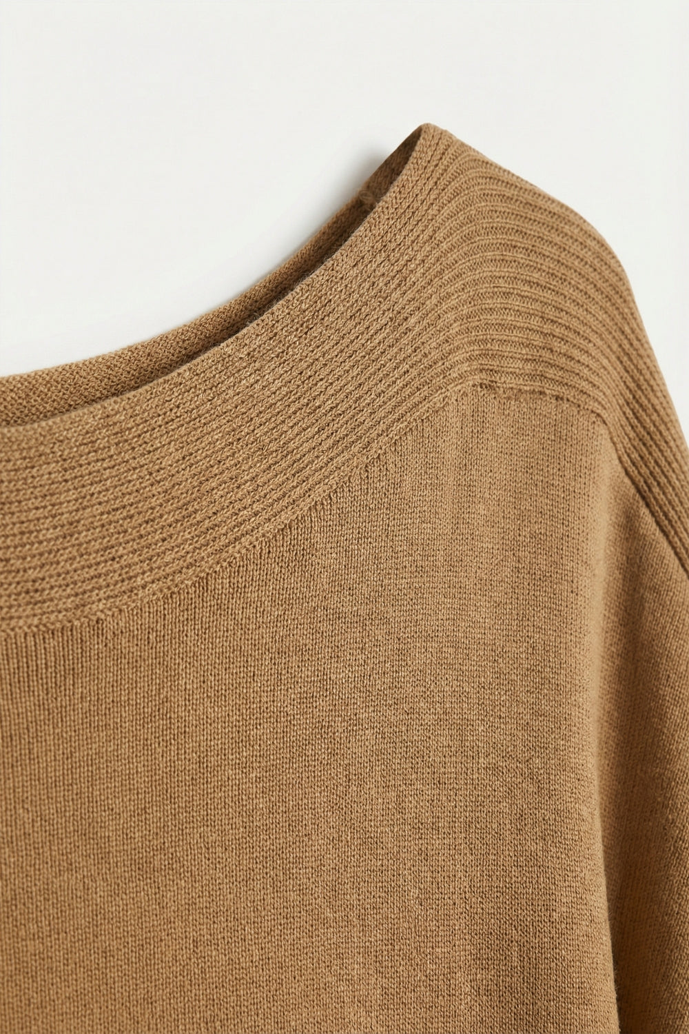 Relaxed camel boatneck sweater with dropped sleeves
