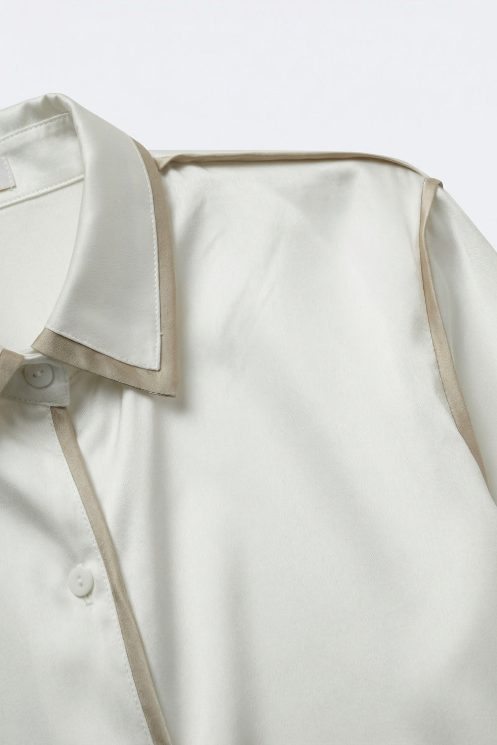 Cream Satin Button-Down Shirt with Contrast Trim - Shirts