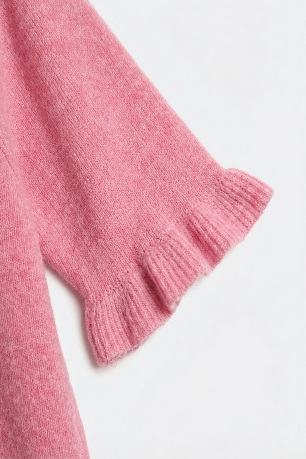 Pink Soft fluffy Knit sweater with Ruffled Sleeve Detail