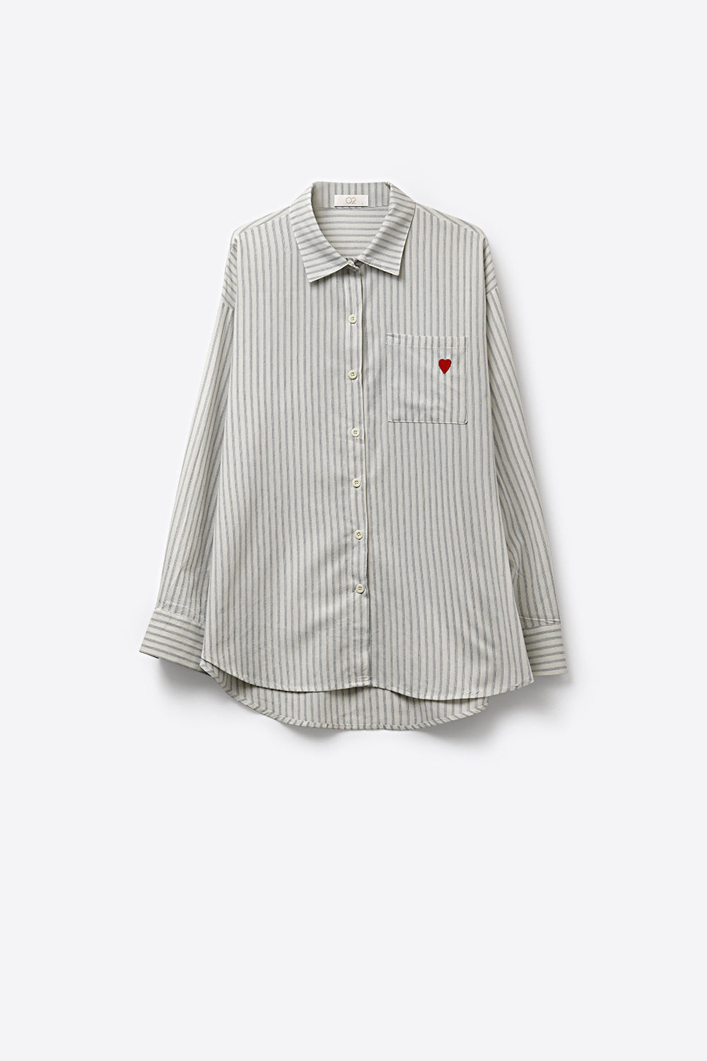 Grey Striped Relaxed Fit Button-Up Shirt with Heart Detail - Shirts