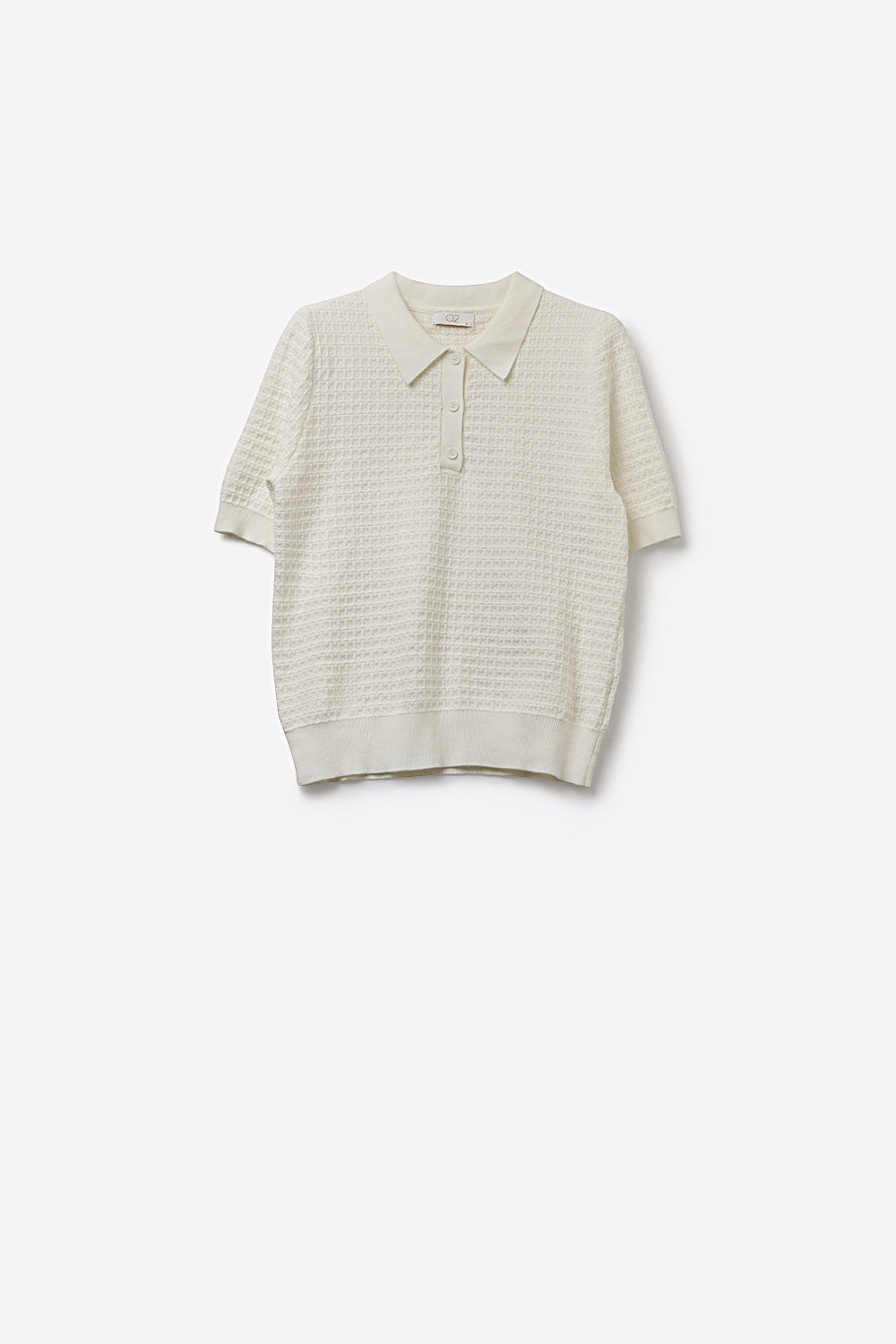 Cream Textured Knit Polo Shirt with Short Sleeves