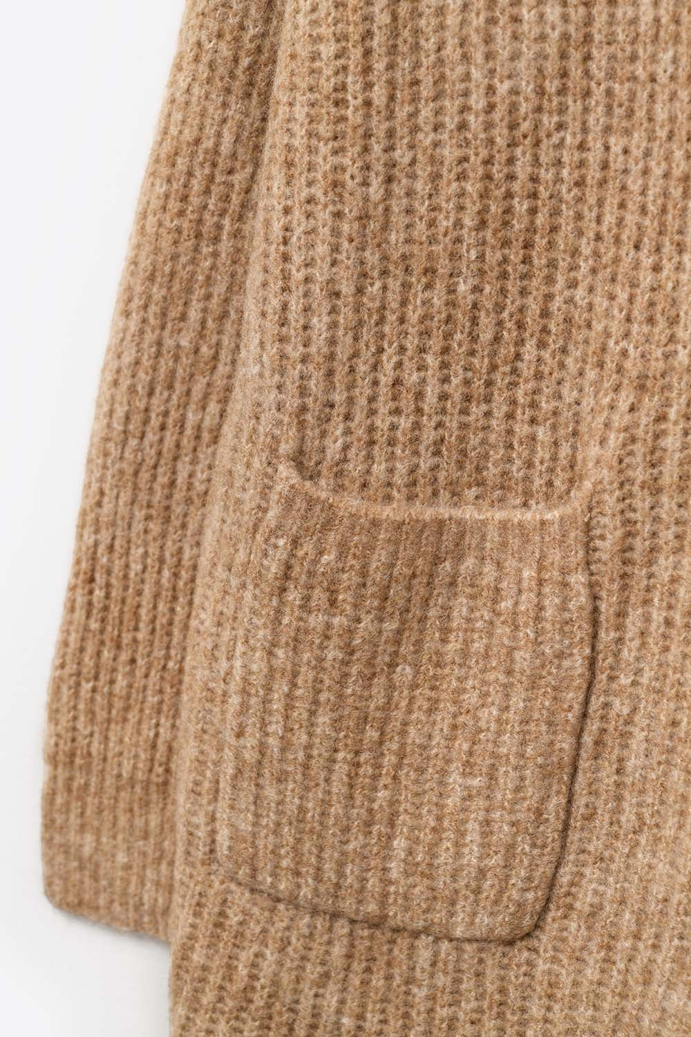 Long Ribbed Cardigan With Pockets and Hood in Camel