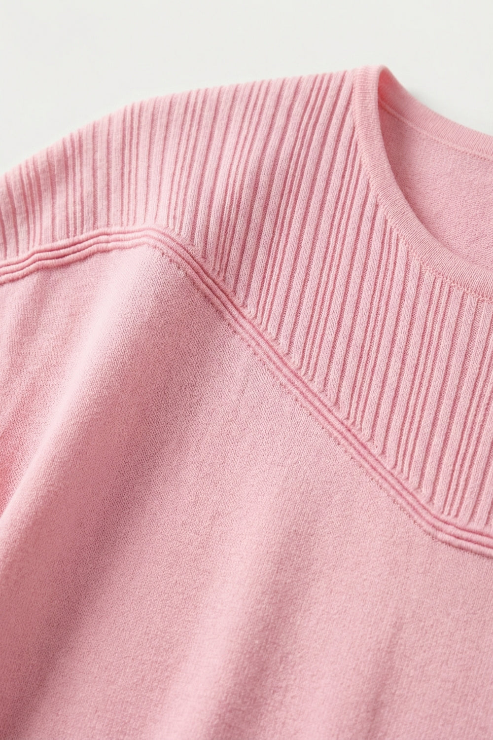 Pink Knit Short Sleeve Sweater with Ribbed Detail