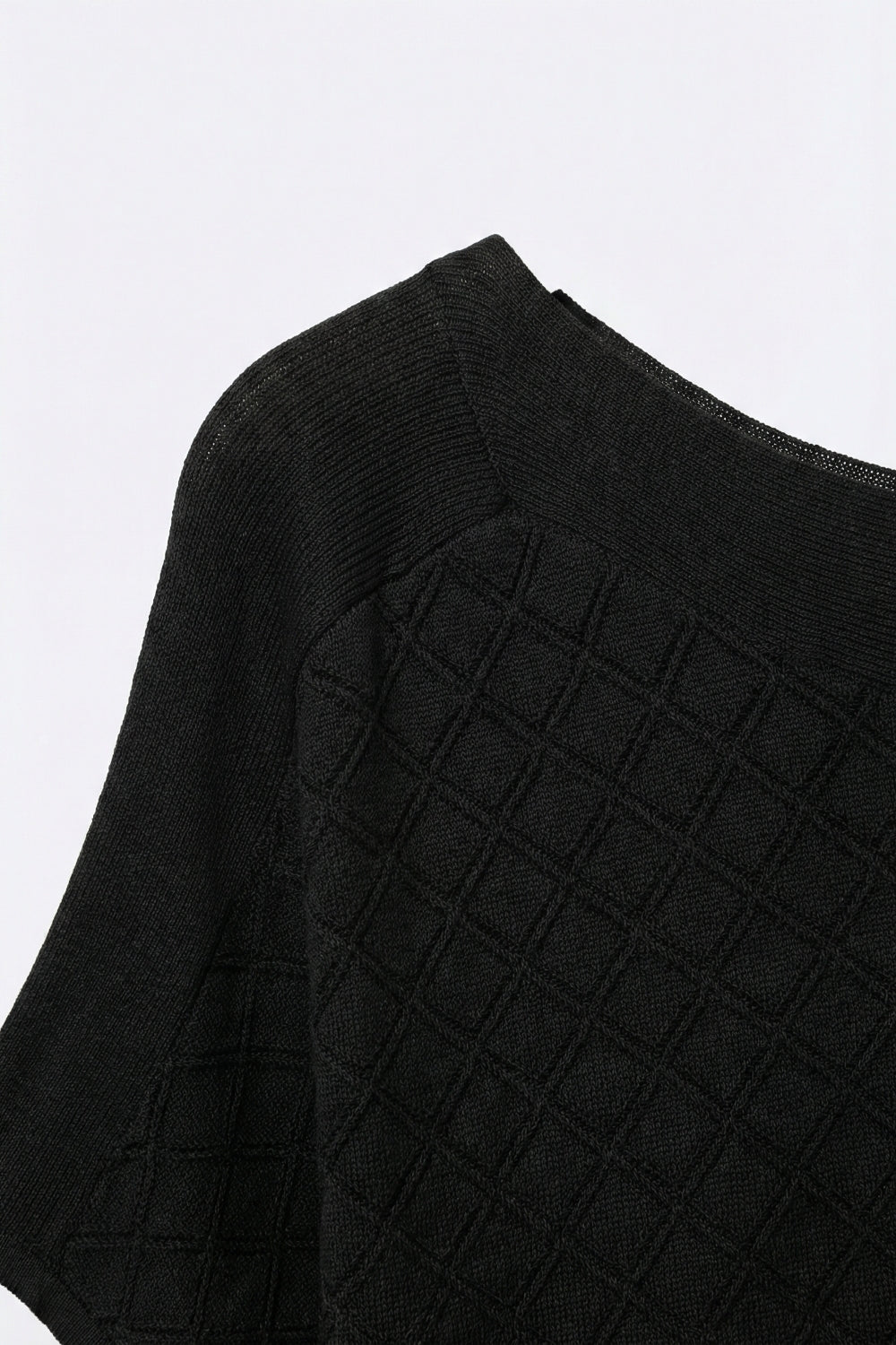 Black Textured Knit Short Sleeve Sweater Top