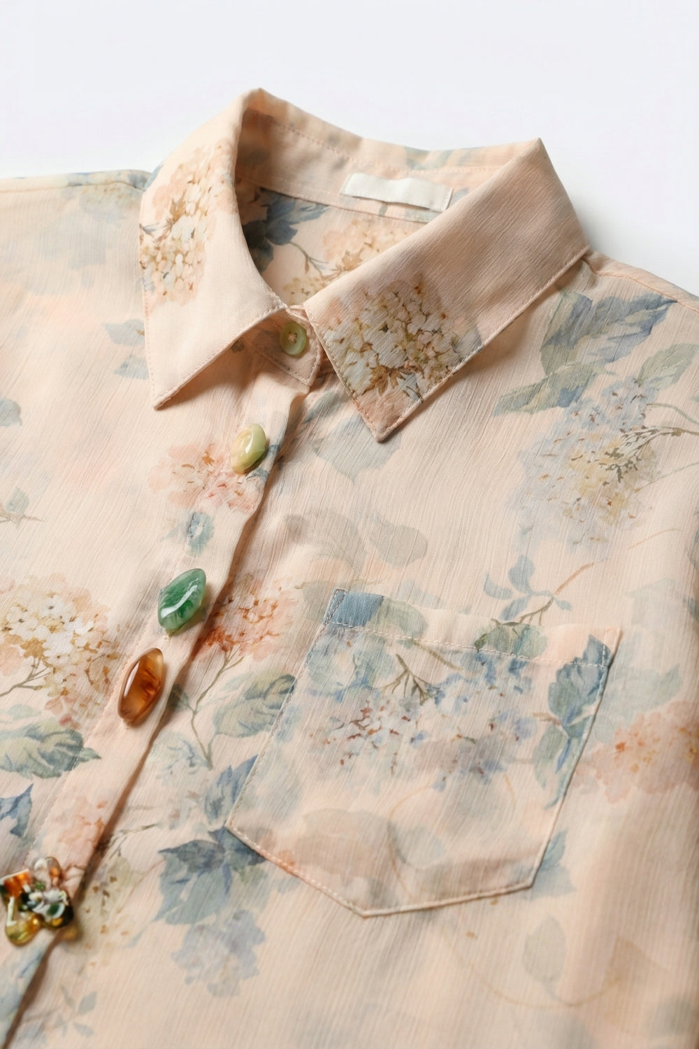 Beige Floral Print Button-Up Sheer Blouse - Shirts