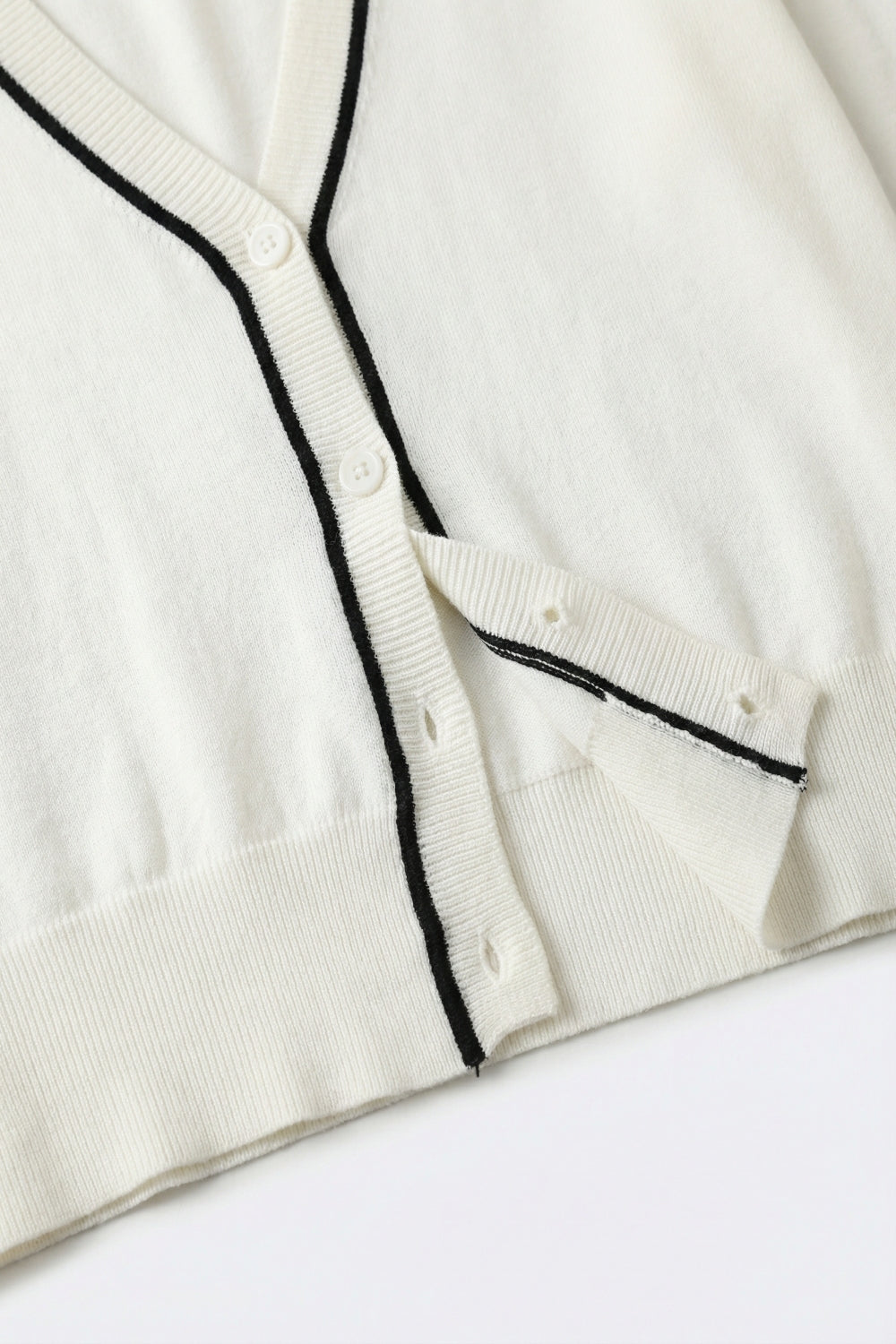 White Fine Knit Cardigan with Contrast Trim in black