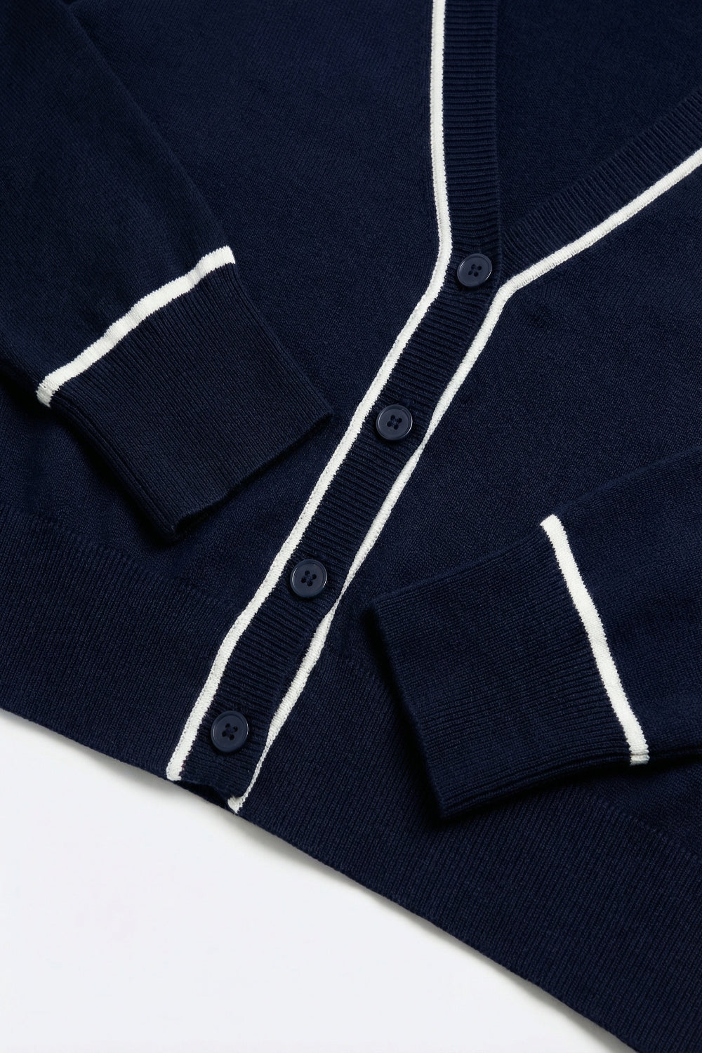 Navy Fine Knit Cardigan with Contrast Trim in white