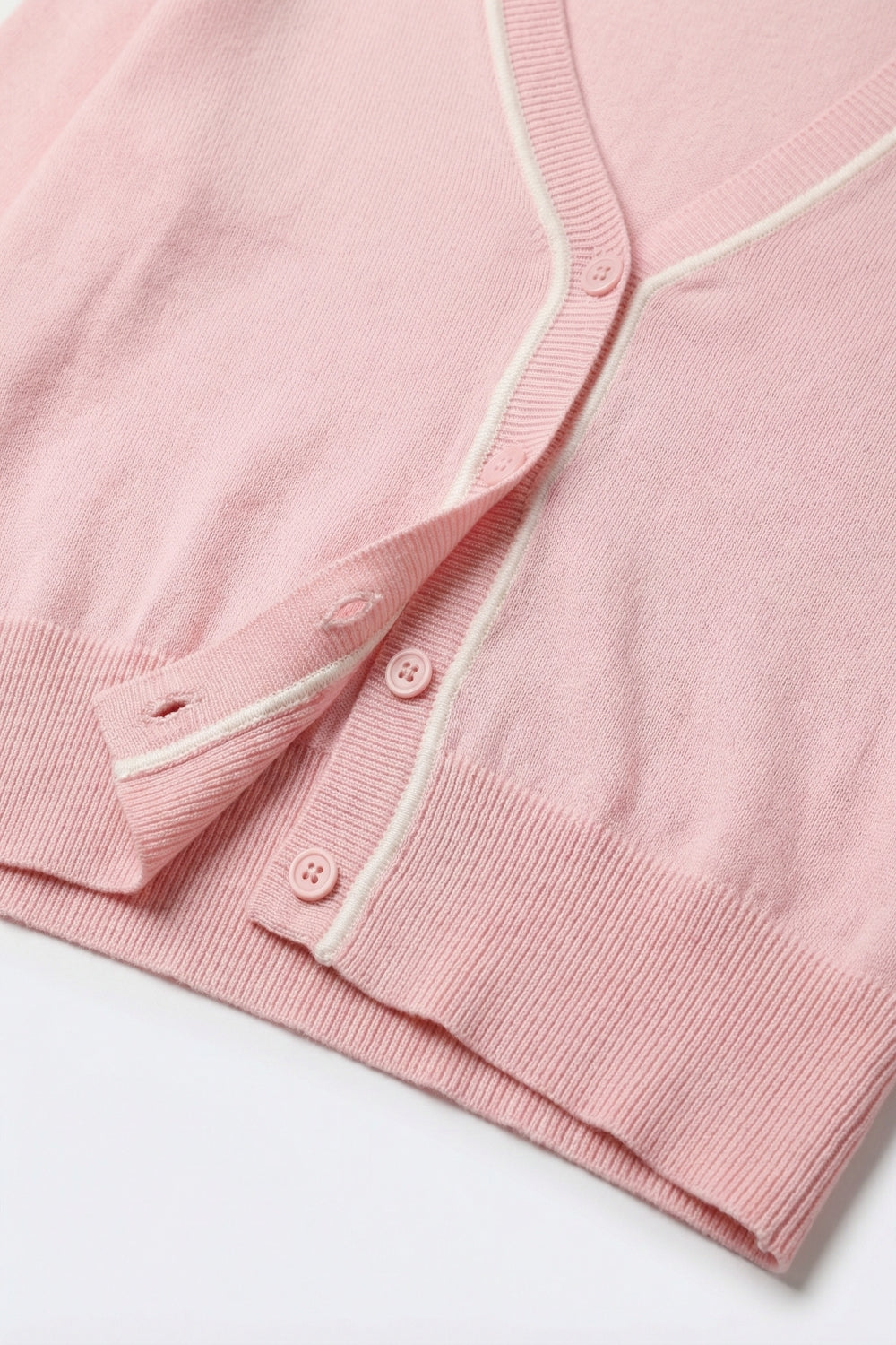 Pink Fine Knit Cardigan with Contrast Trim in white