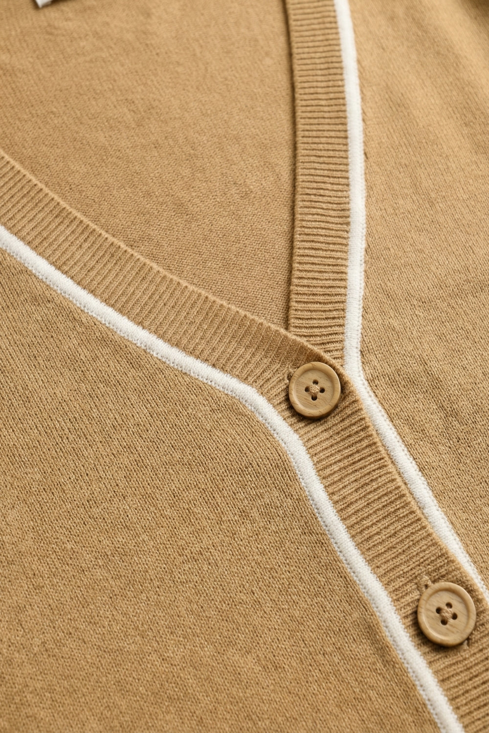 Camel Fine Knit Cardigan with Contrast Trim in white