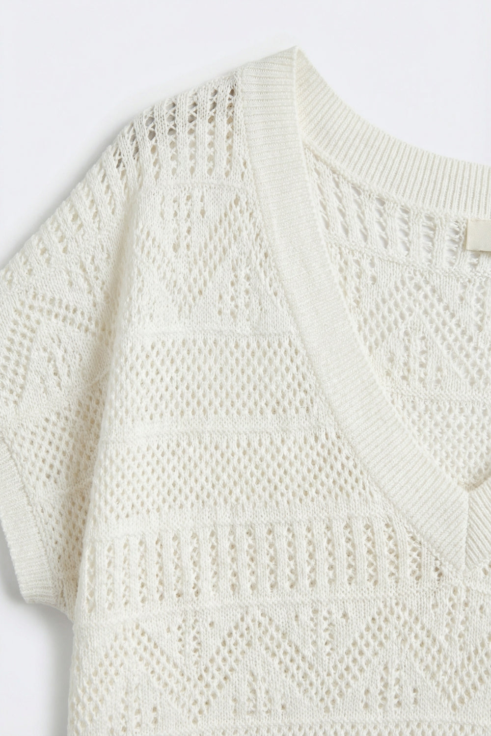 White Open Knit V-Neck Short Sleeve Sweater