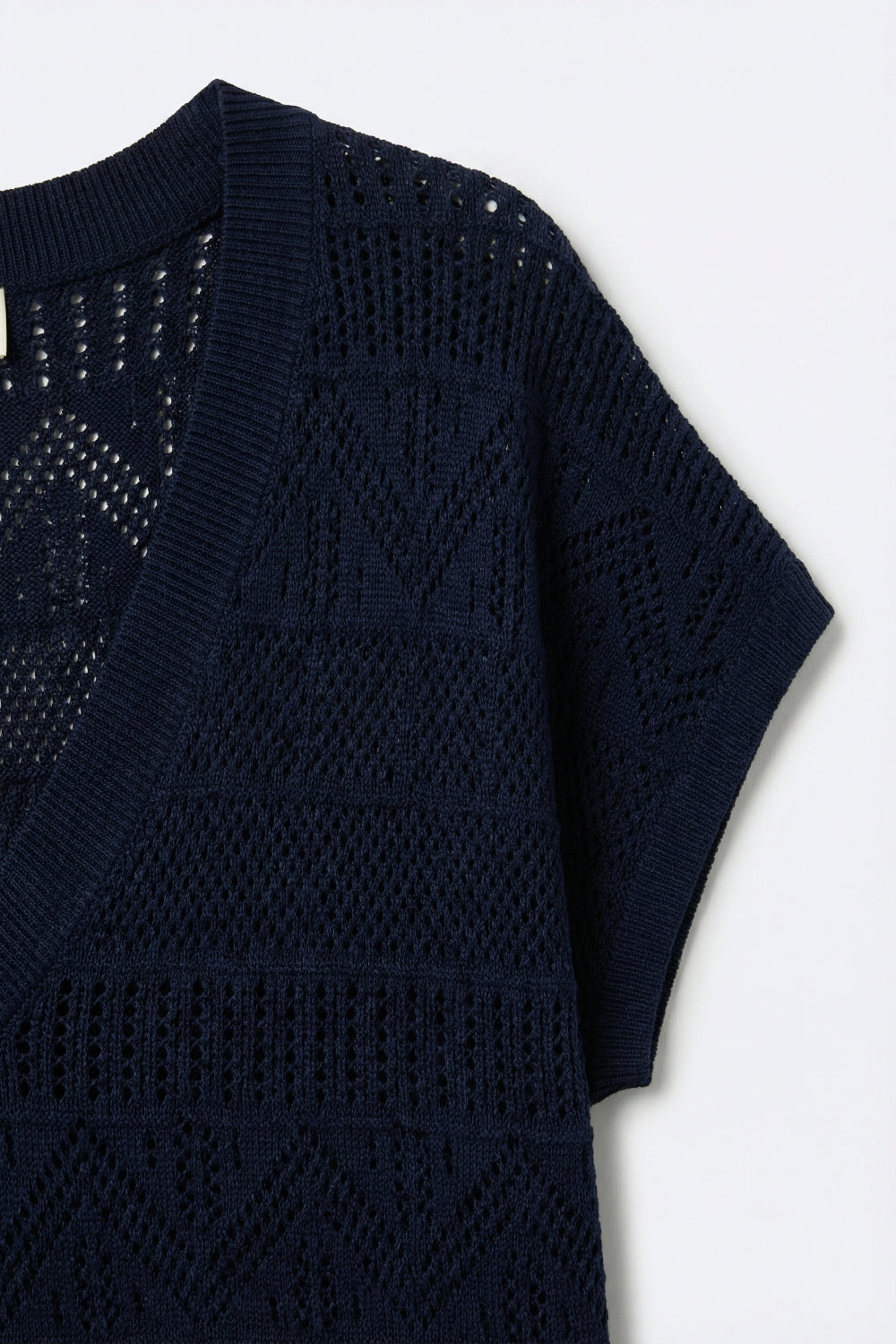 Navy V-Neck Knit Top with Lightweight Texture