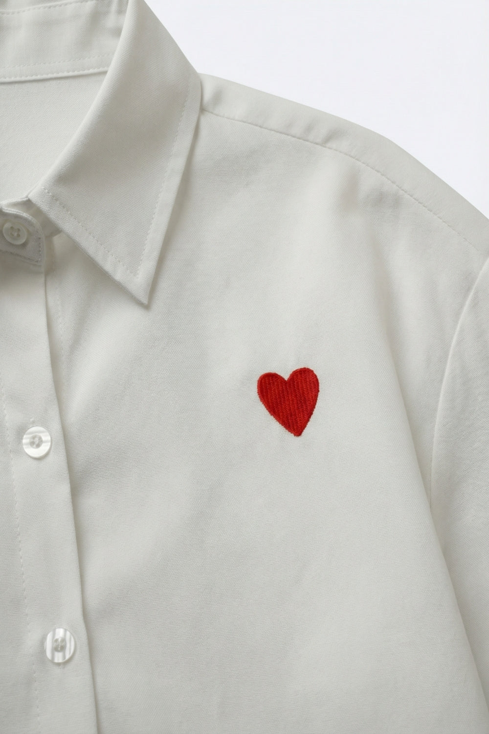white Oxford Cotton Shirt with Embroidered red Heart Detail - Shirts