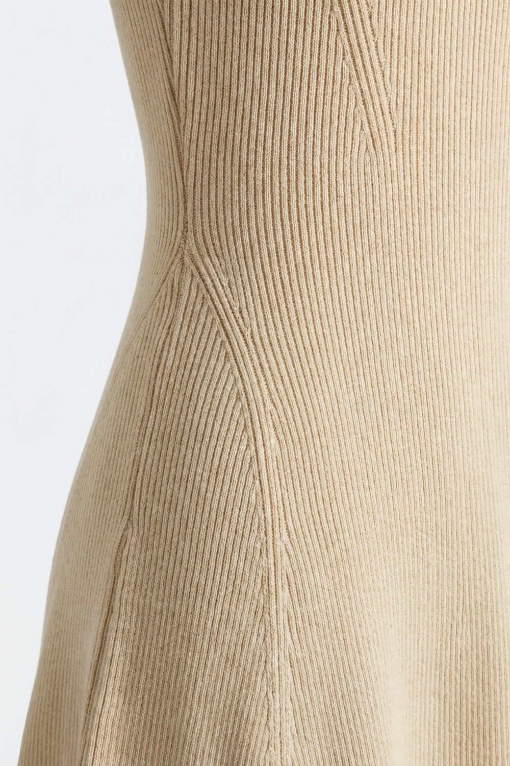 Beige Ribbed Knit Sleeveless Fit and Flare Dress - dress