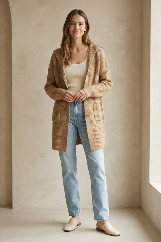 Long Ribbed Cardigan With Pockets and Hood in Camel