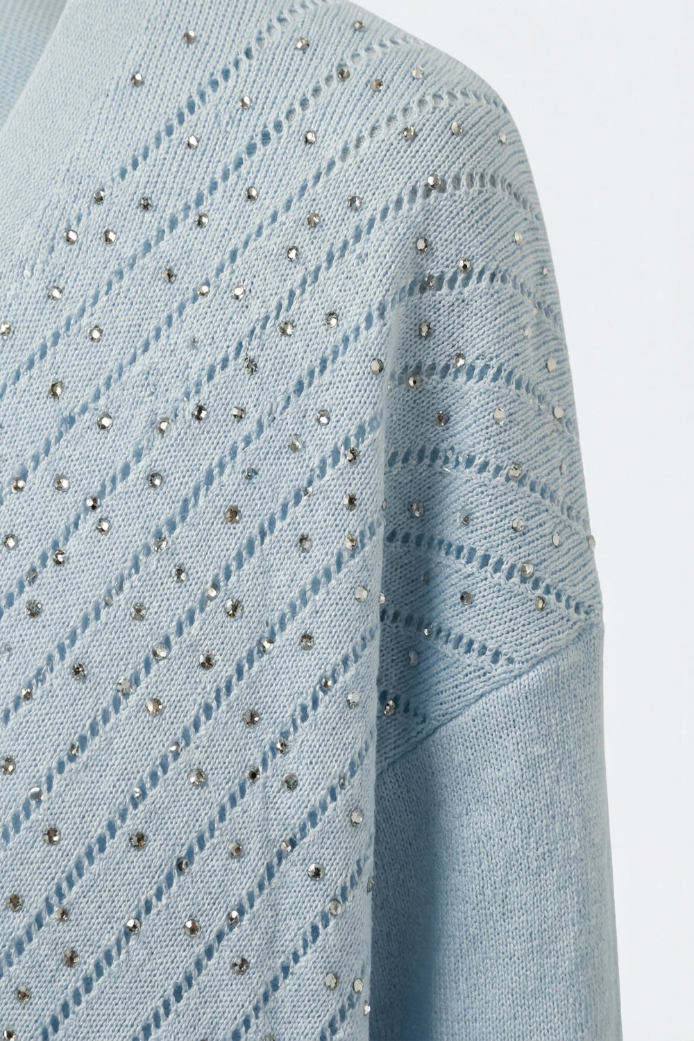 Light Blue Knit V-Neck Sweater with Sparkle Detail