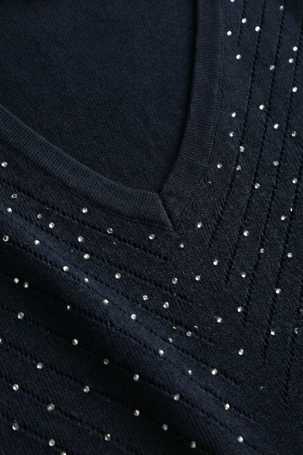 Navy V-Neck Embellished Knit Sweater Top