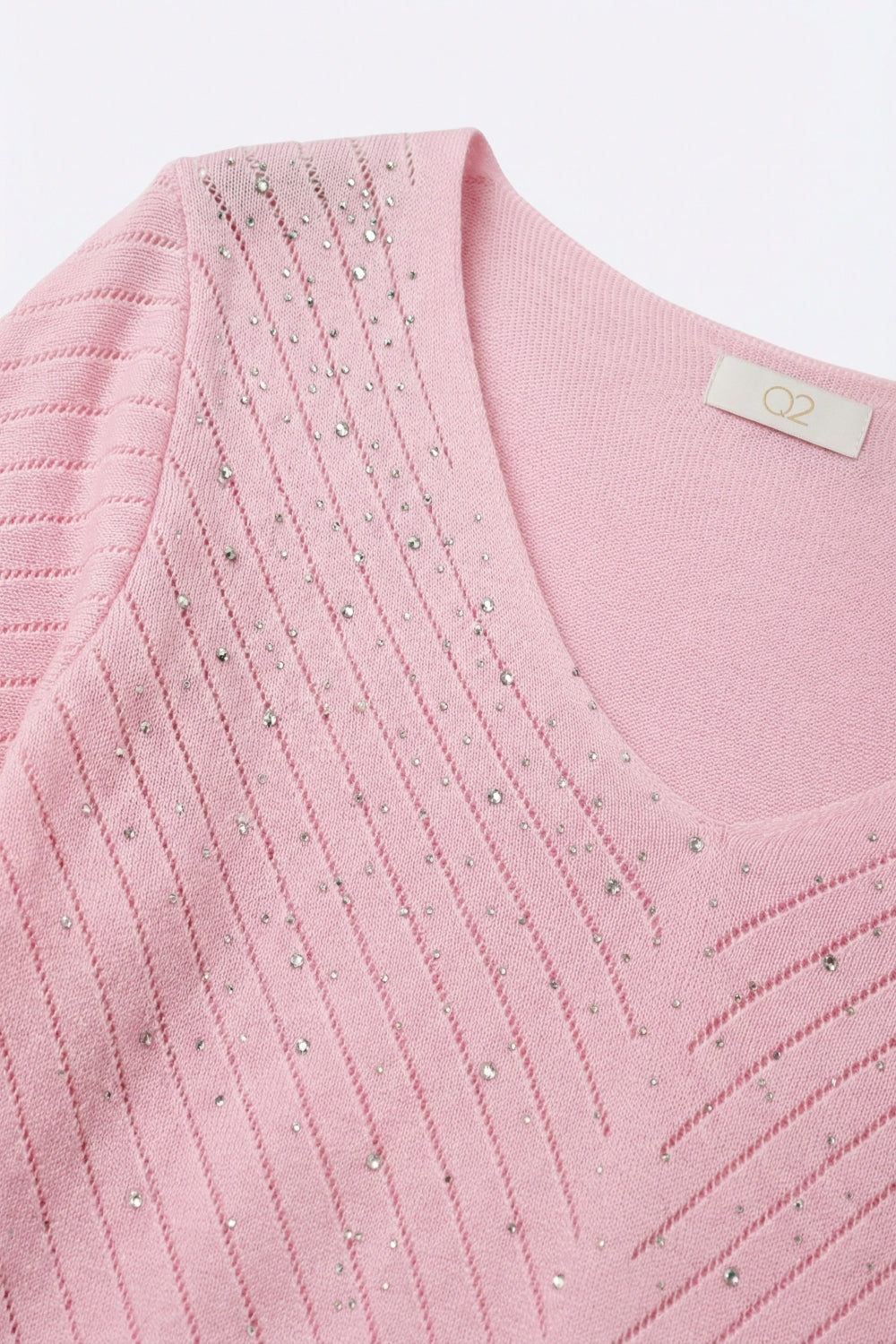 Pink V-Neck Lightweight Knit Sweater with Bead Detail
