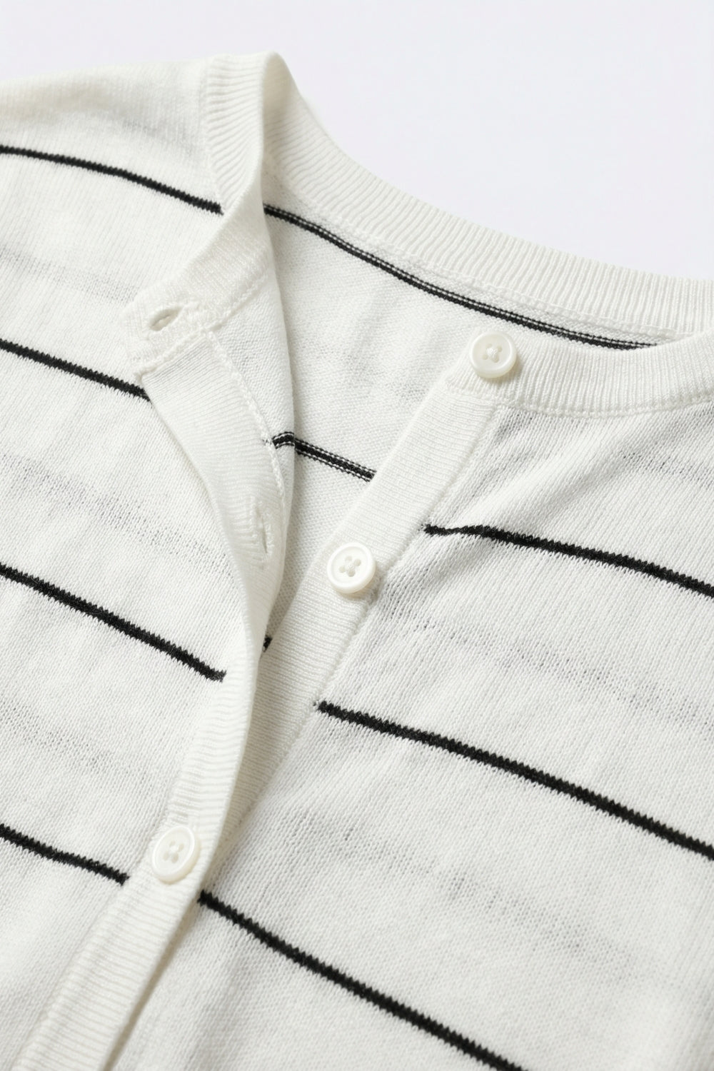 White Striped Knit Button-Front Short Sleeve Cardigan