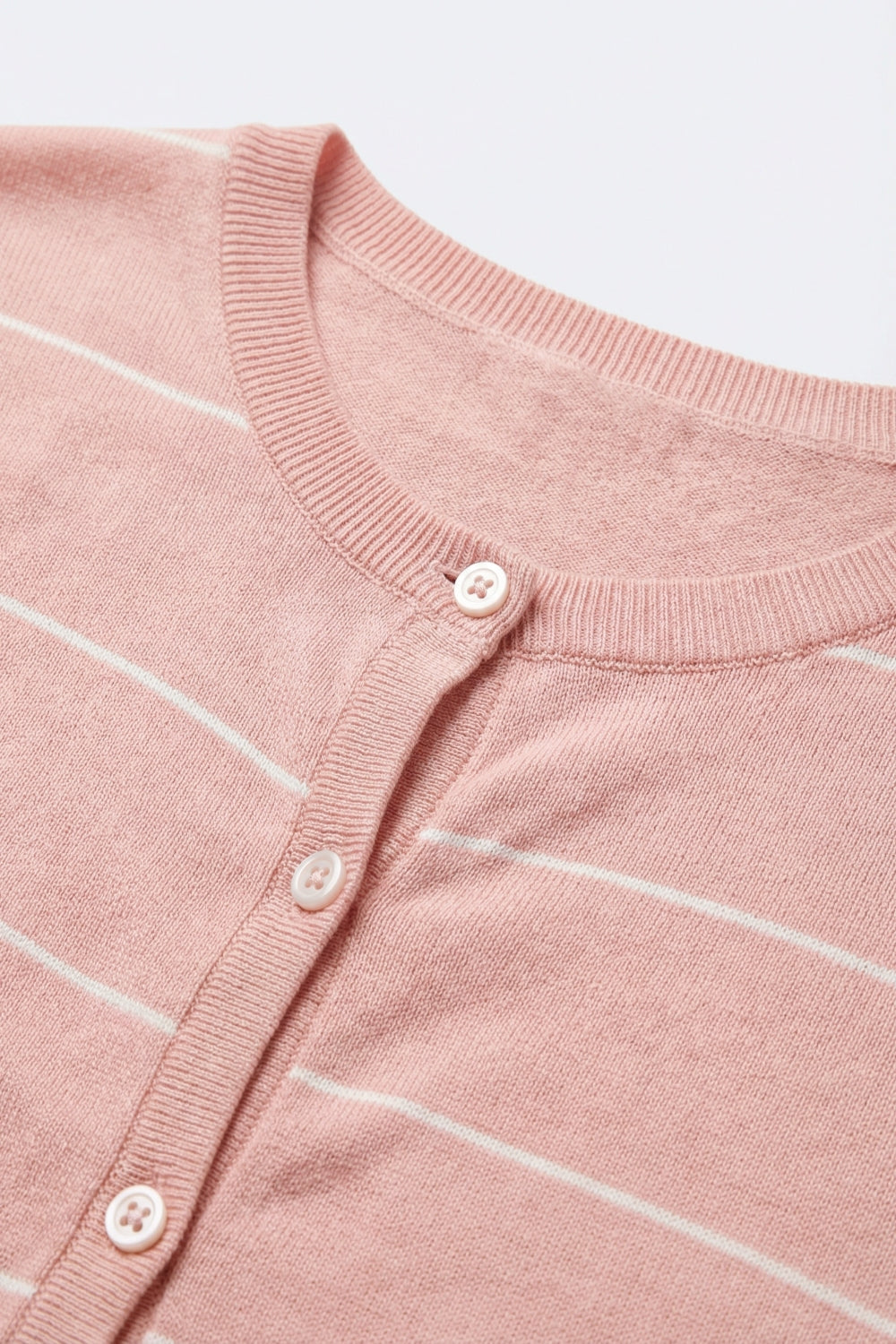 Pink Striped Knit Button-Up Cardigan with short sleeves