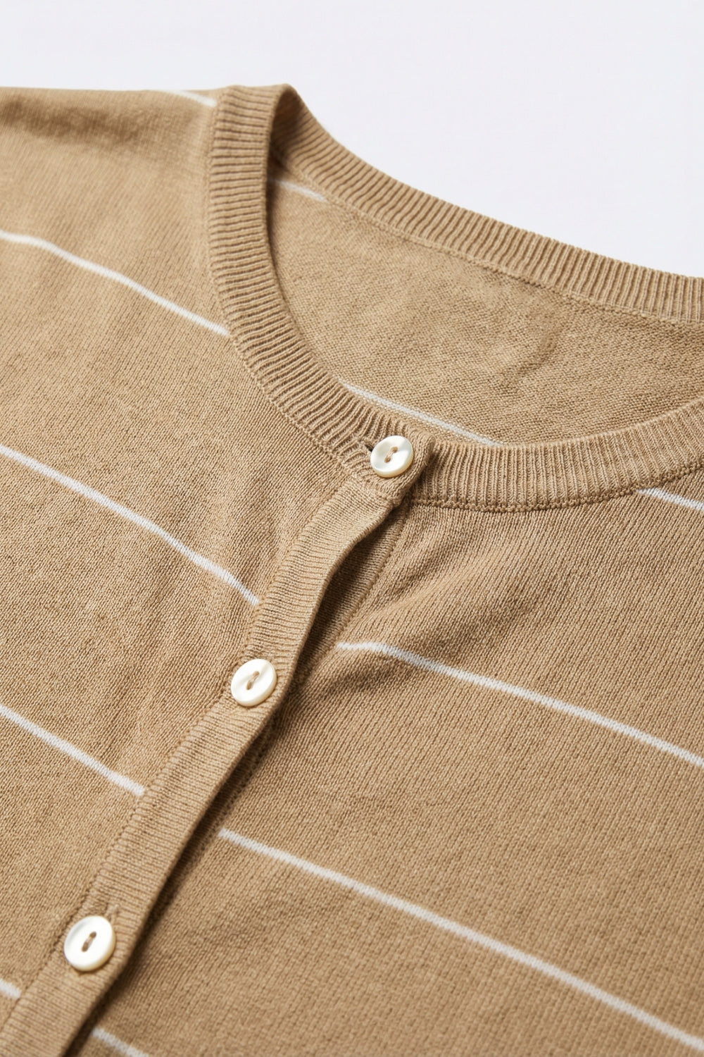 Camel Striped Short Sleeve Button-Up Cardigan