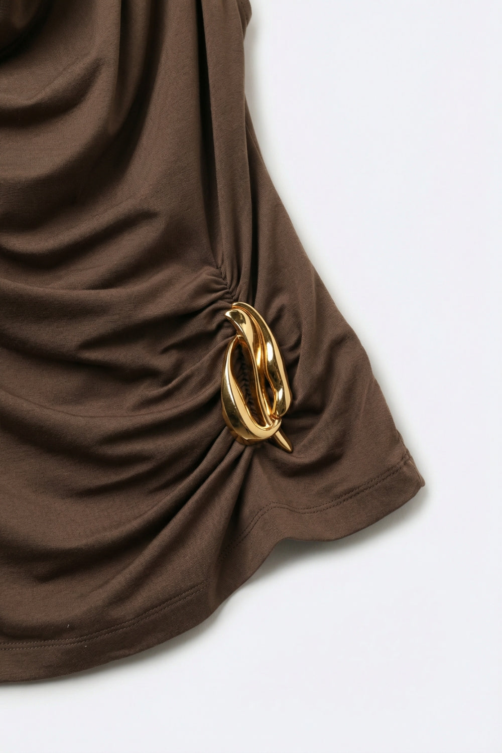 Brown Sleeveless Draped Top With gold Metal Decor