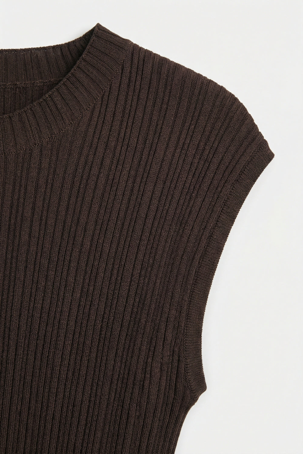 Brown Ribbed Knit Cap Sleeve Top - Jumpers