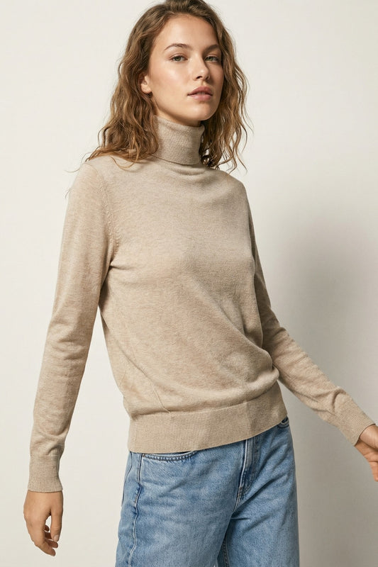 Beige turtleneck sweater in fine merino wool knit