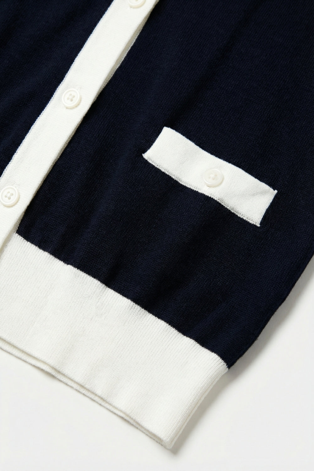 Navy Button-Up Cardigan with White Trim Accents