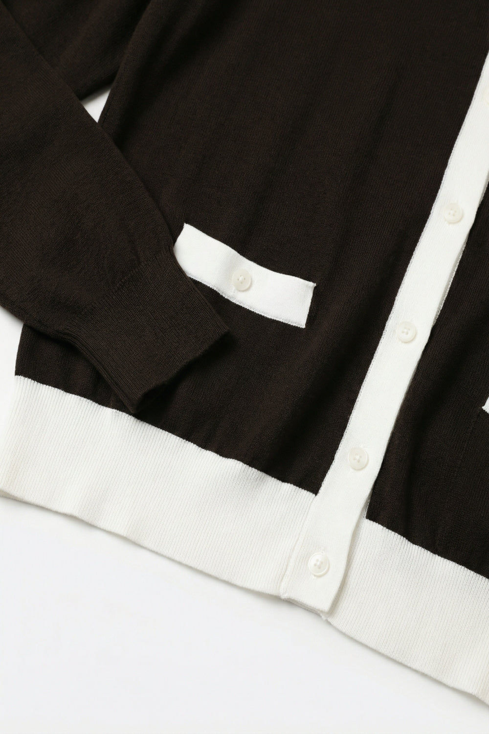 Brown Contrast Trim Button-Up Long Sleeve Cardigan