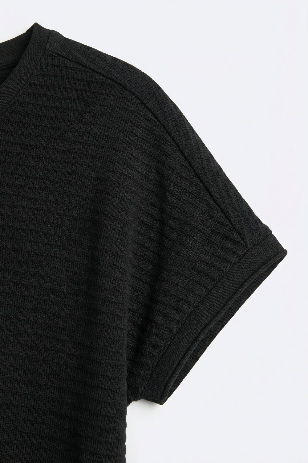 Black Textured Ribbed Knit Short Sleeve sweater