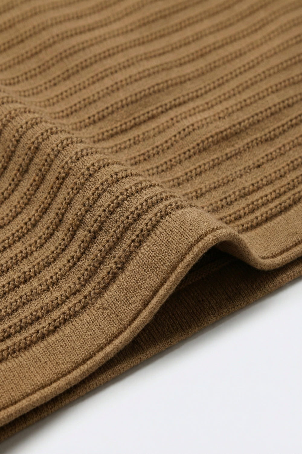 Camel Ribbed Knit Short Sleeve Sweater