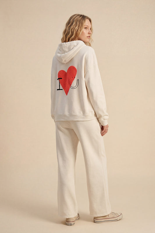 Cream Super-Soft Hoodie with Bouclé Heart Graphic
