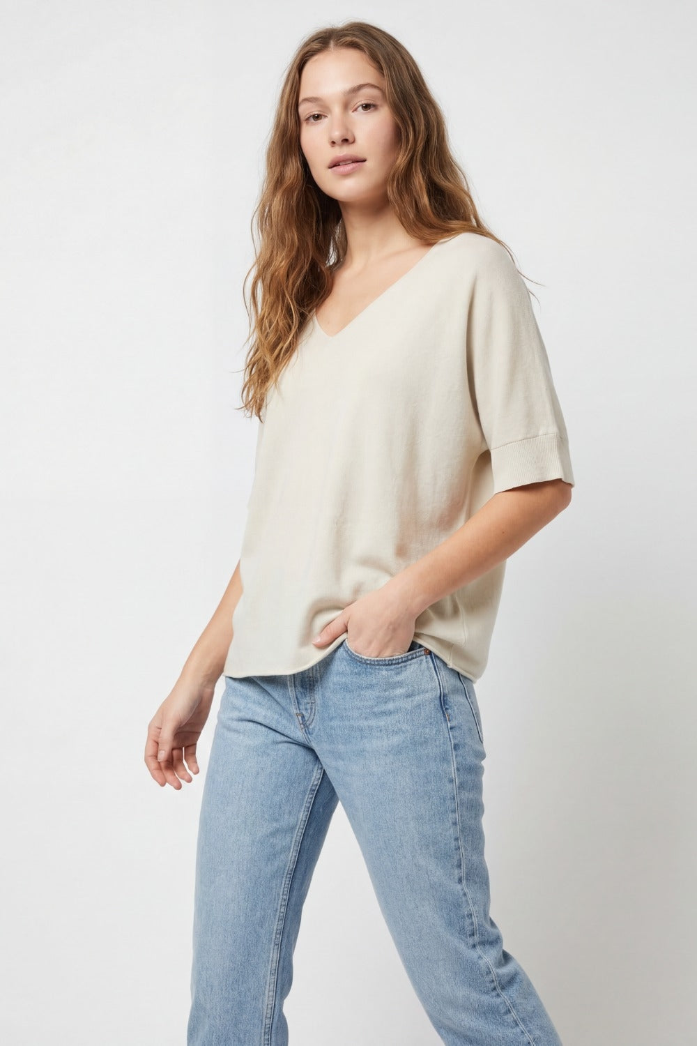 V-Neck Relaxed Fit Short Sleeve sweater in beige