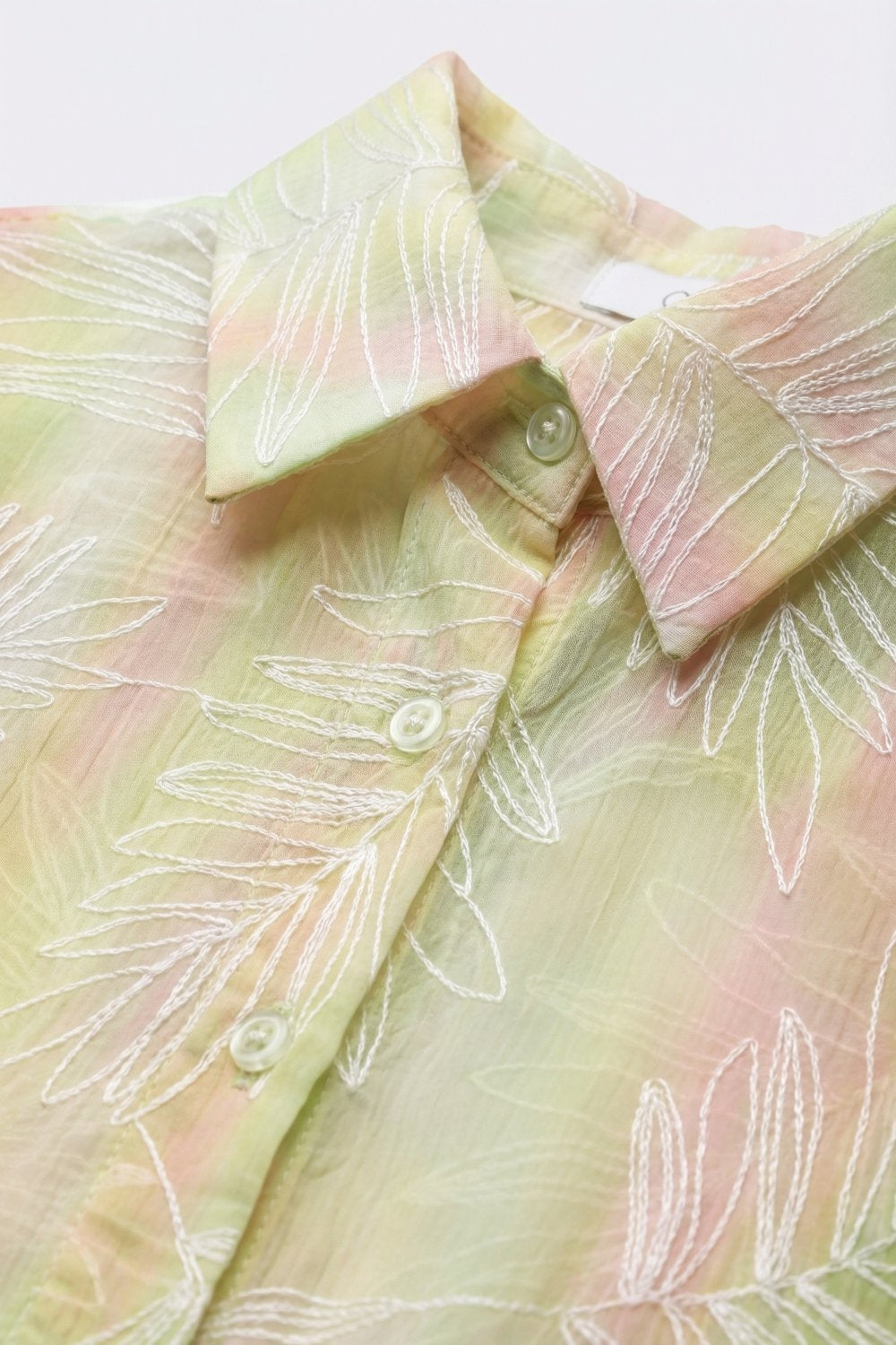 Green Sheer Leaf Print Button-Up Shirt with translucent fabric - Shirts