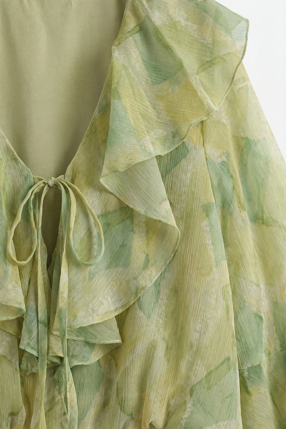 Light Green Ruffled Tie-Front Sheer Blouse