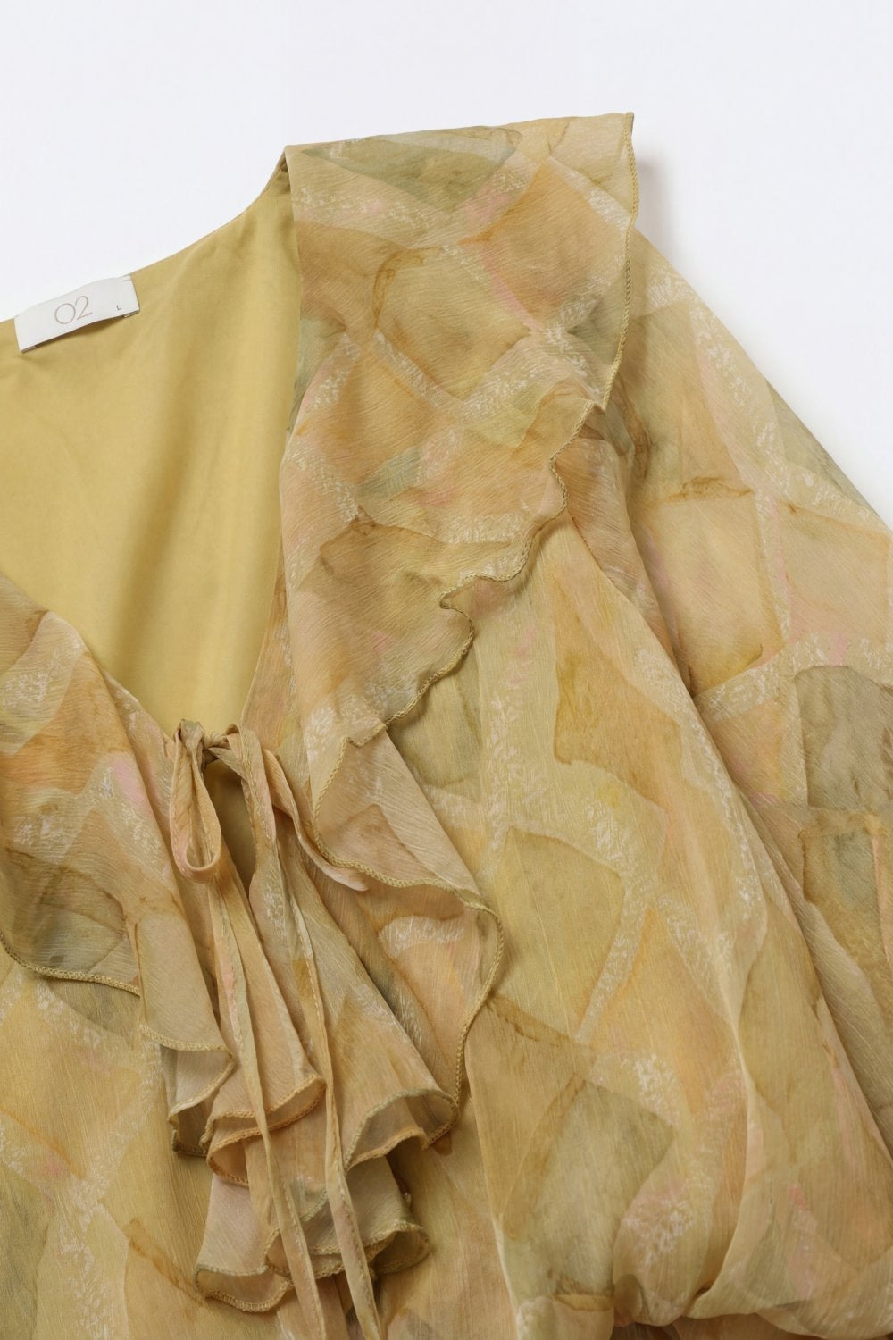 Mustard Ruffle Detail Sheer Blouse with Tie Front