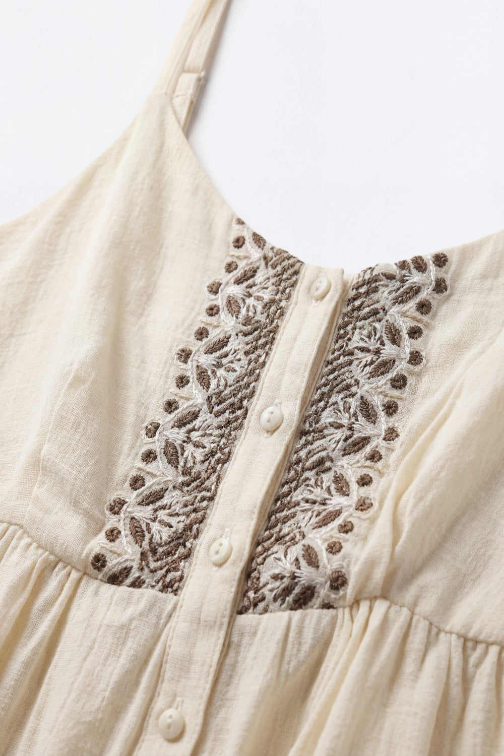Cream Button-Front Peplum Top with Embroidered detail