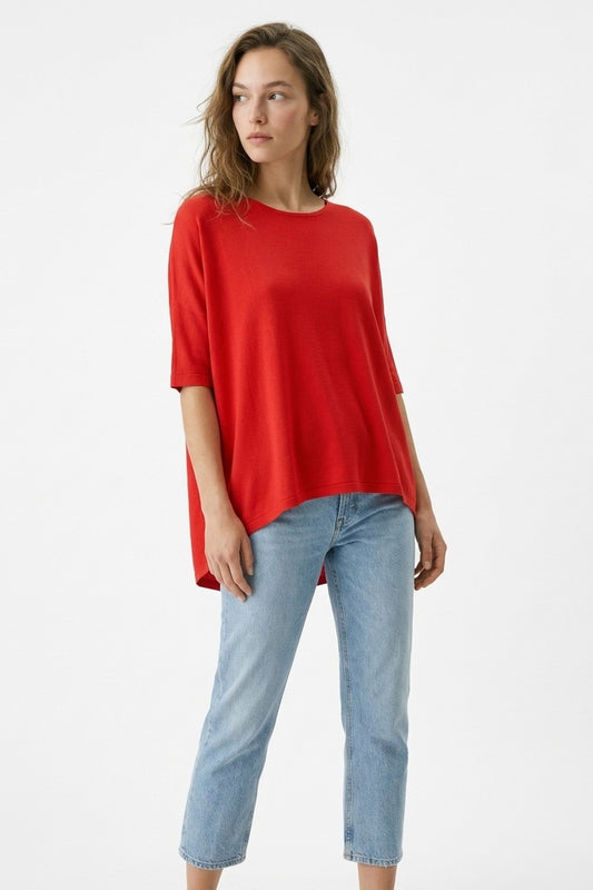 Oversized Sweater in Red with Elbow-Length Sleeves